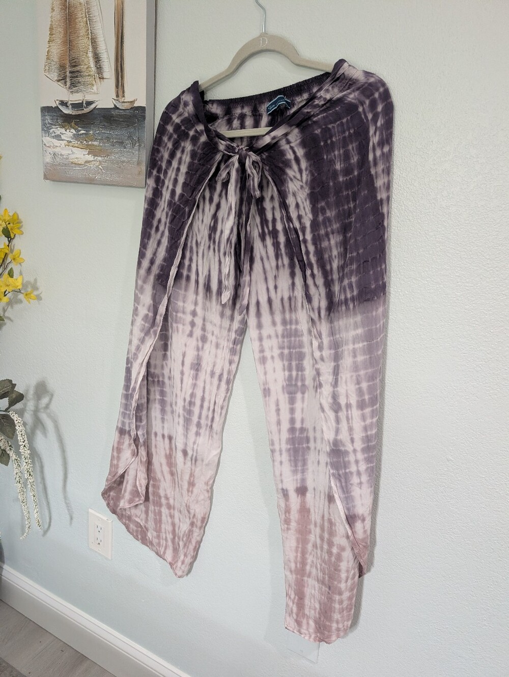 Shore Tie-Dye Wide Leg Women’s Pants with Drawstring Waist - Purple Ombre Style